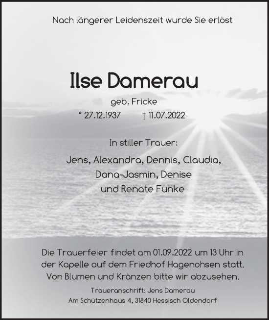 Traueranzeige von Ilse Damerau von Deister- und Weserzeitung