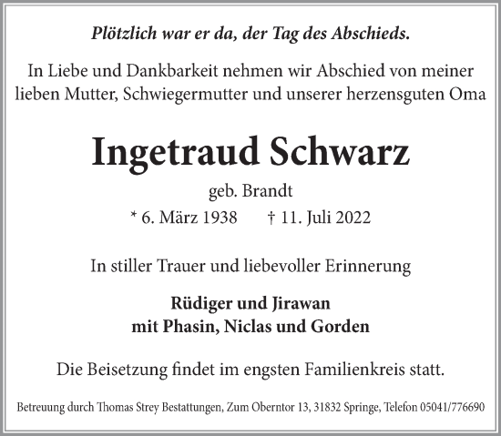 Traueranzeige von Ingetraud Schwarz von Neue Deister-Zeitung