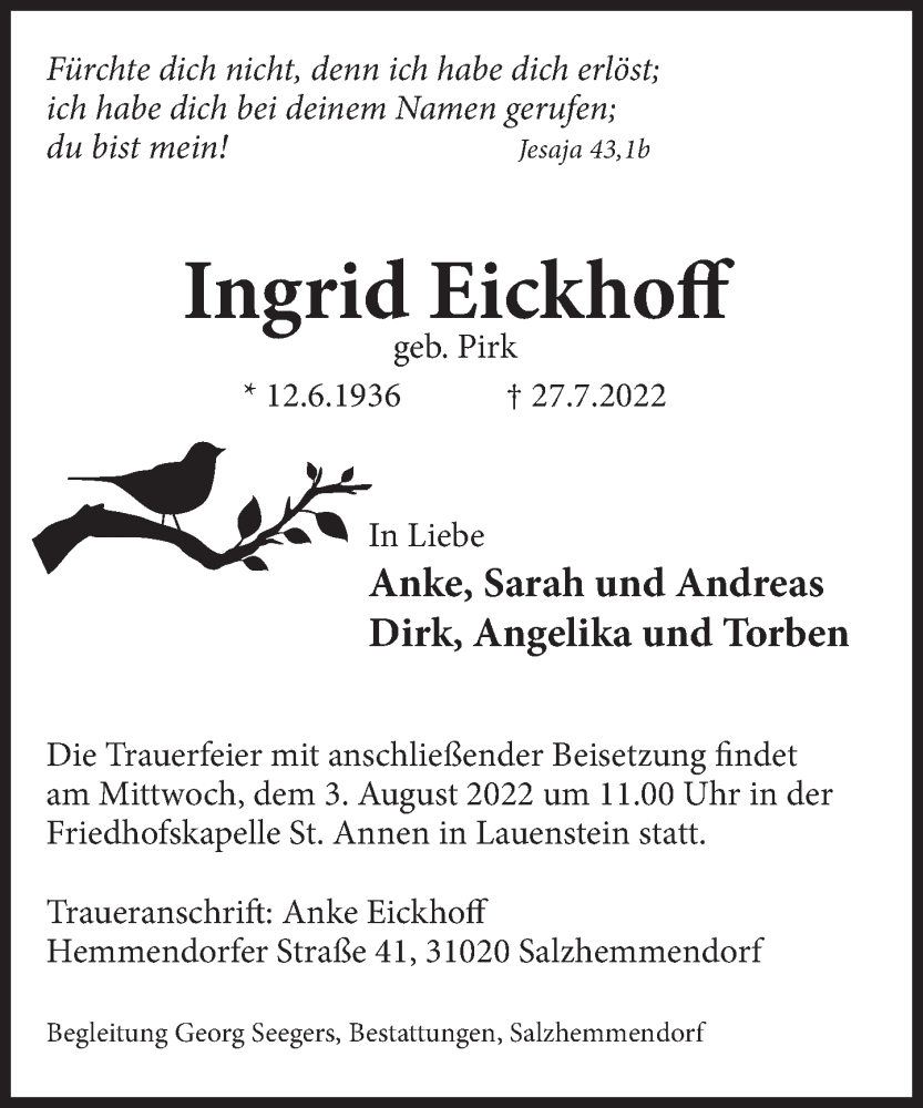  Traueranzeige für Ingrid Eickhoff vom 30.07.2022 aus Deister- und Weserzeitung