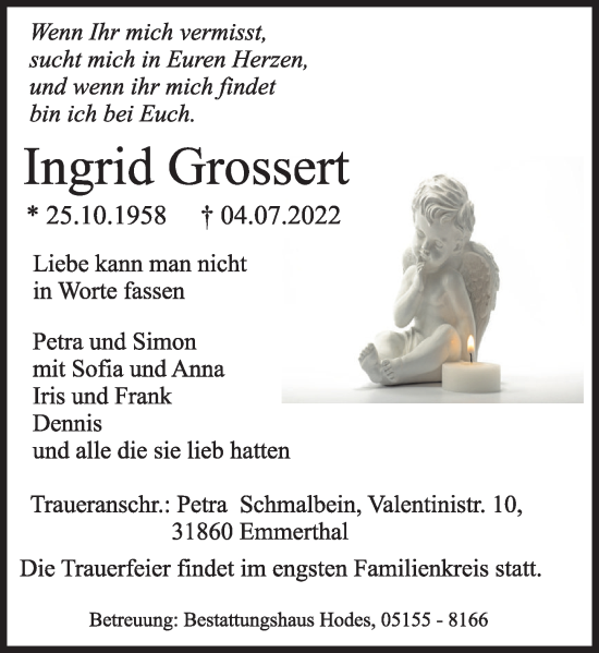 Traueranzeige von Ingrid Grossert von Deister- und Weserzeitung