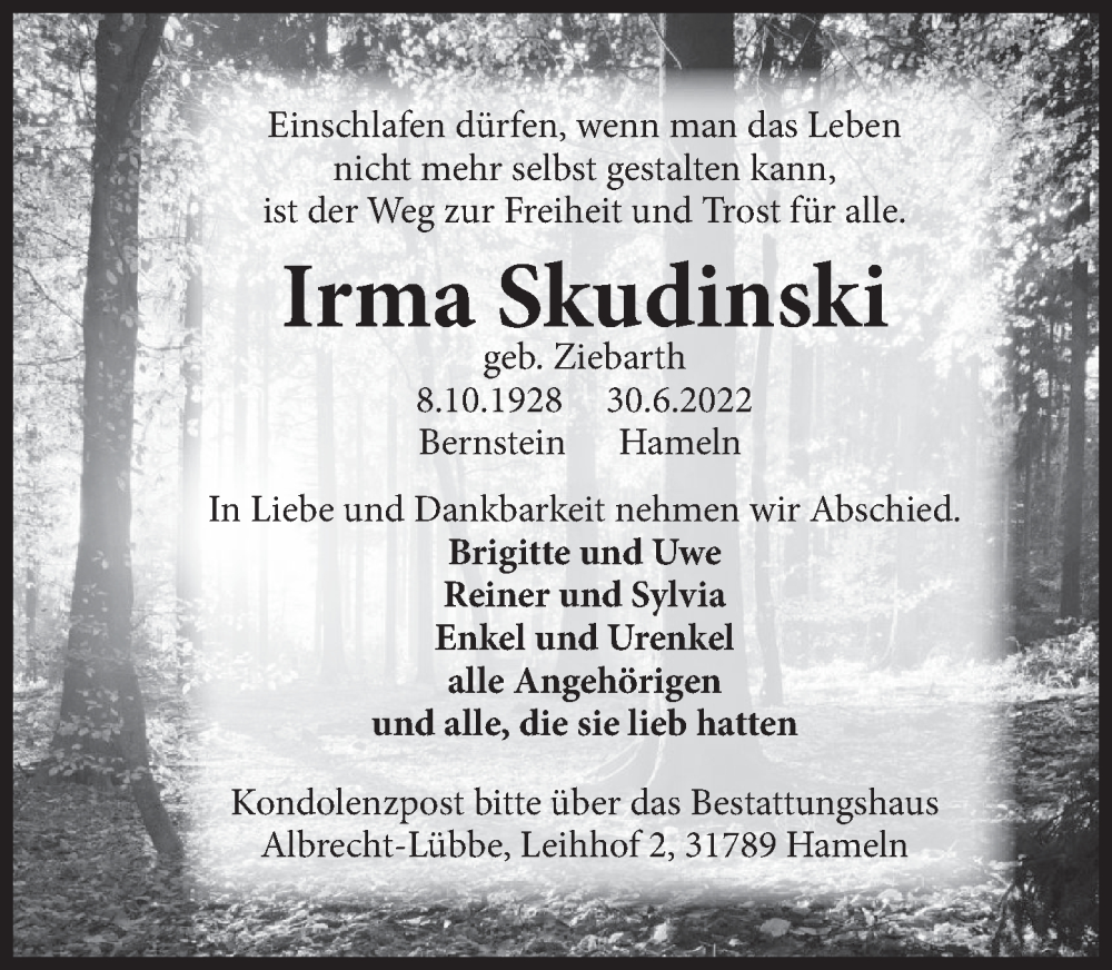 Traueranzeige für Irma Skudinski vom 09.07.2022 aus Deister- und Weserzeitung