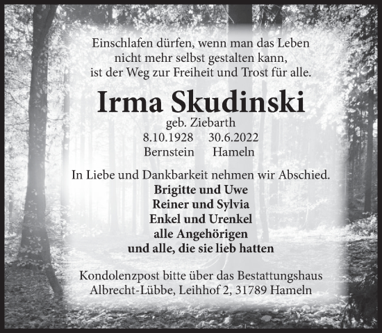 Traueranzeige von Irma Skudinski von Deister- und Weserzeitung
