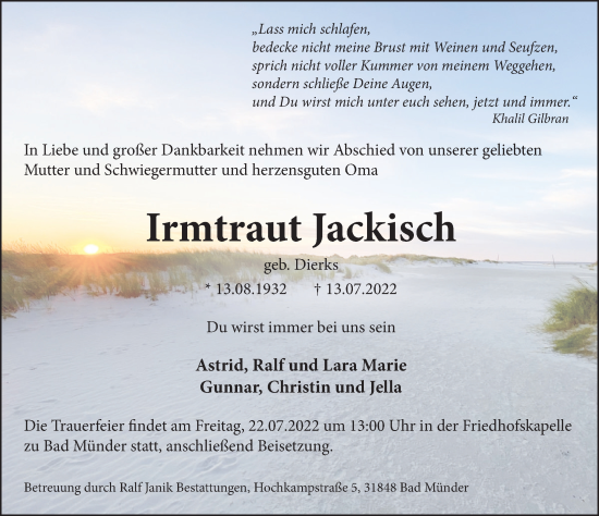 Traueranzeige von Irmtraut Jackisch von Neue Deister-Zeitung
