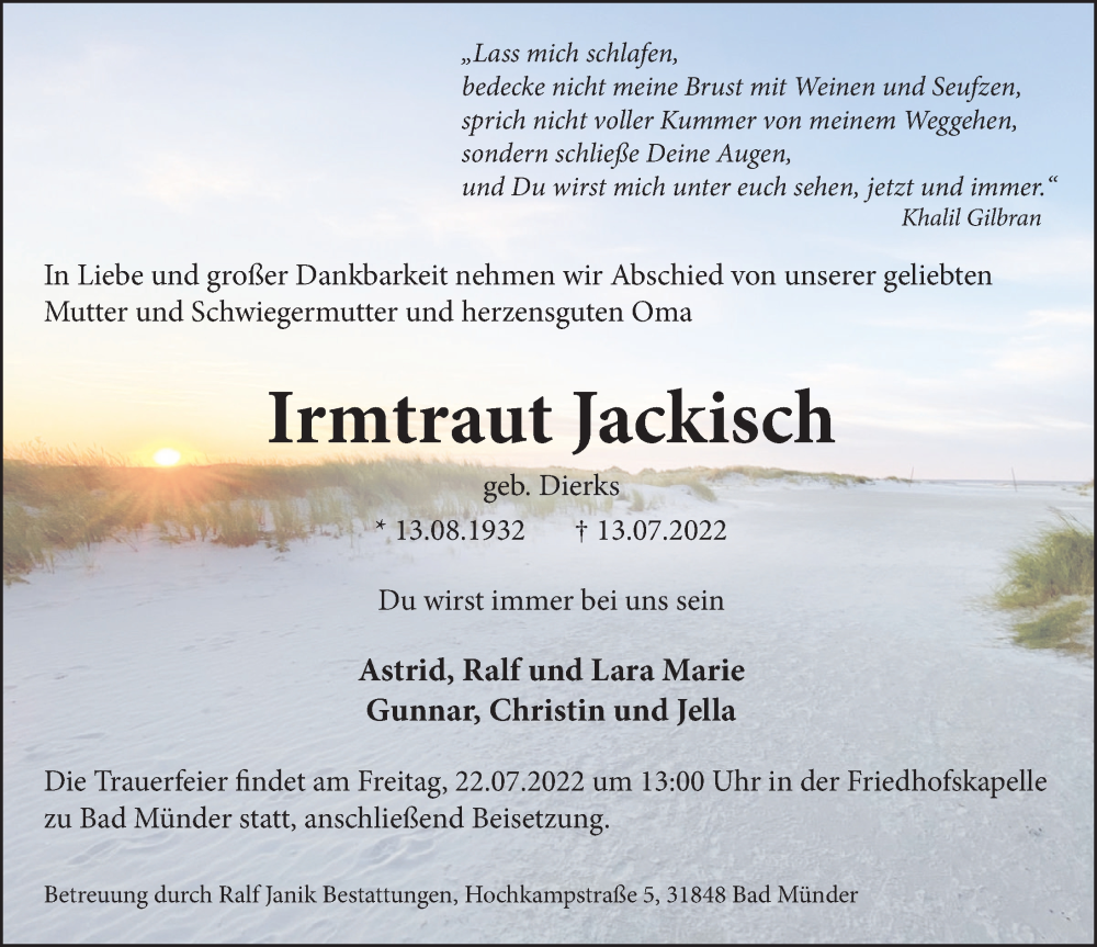  Traueranzeige für Irmtraut Jackisch vom 16.07.2022 aus Neue Deister-Zeitung