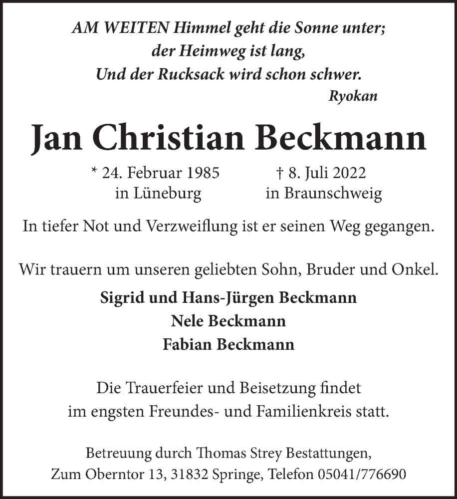  Traueranzeige für Jan Christian Beckmann vom 23.07.2022 aus Neue Deister-Zeitung