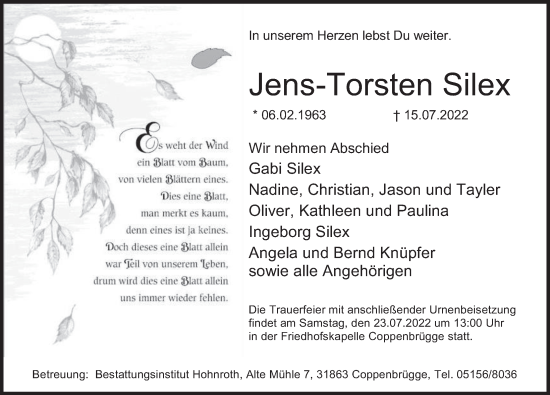 Traueranzeige von Jens-Torsten Silex von Deister- und Weserzeitung