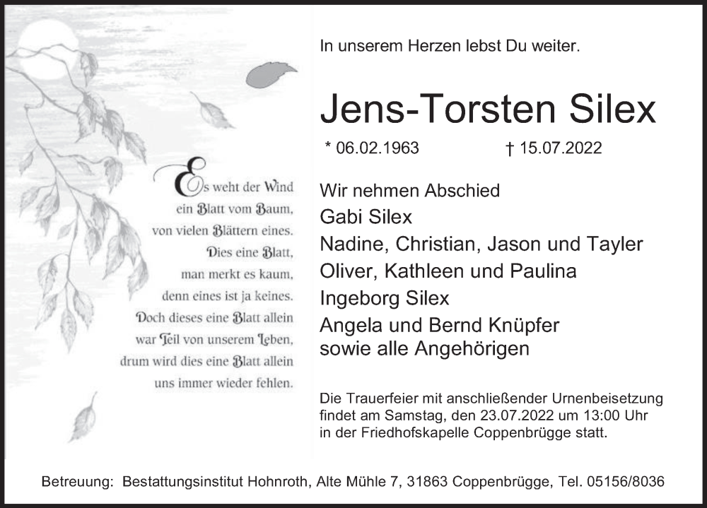  Traueranzeige für Jens-Torsten Silex vom 20.07.2022 aus Deister- und Weserzeitung