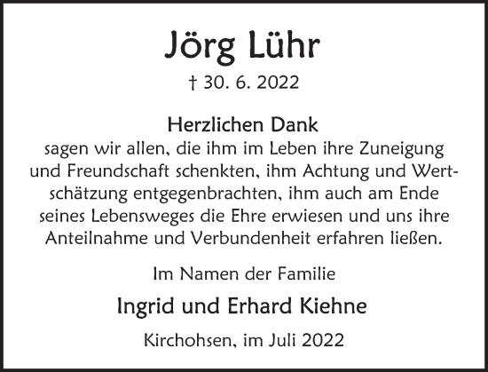 Traueranzeige von Jörg Lühr von Deister- und Weserzeitung