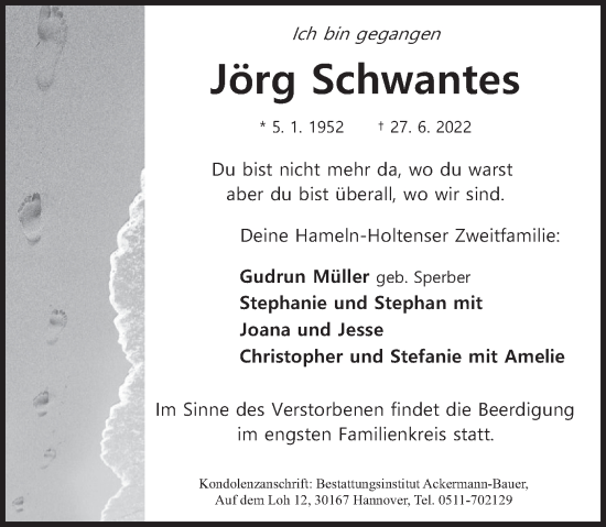 Traueranzeige von Jörg Schwantes von Deister- und Weserzeitung