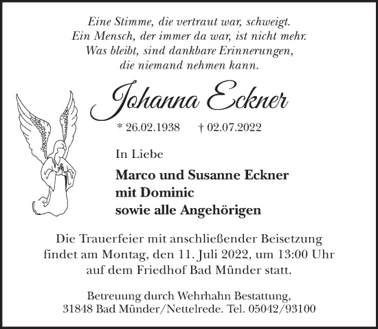 Traueranzeige von Johanna Eckner von Neue Deister-Zeitung