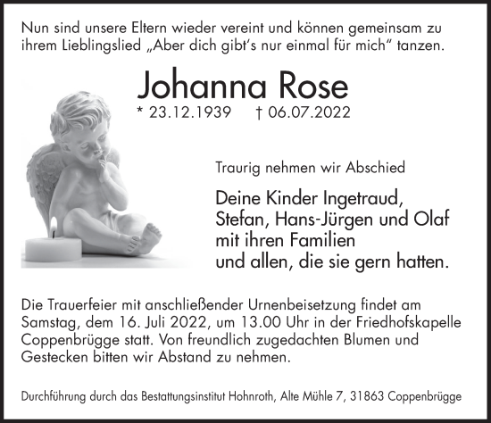 Traueranzeige von Johanna Rose von Deister- und Weserzeitung