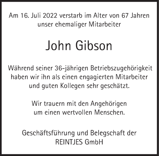 Traueranzeige von John Gibson von Deister- und Weserzeitung