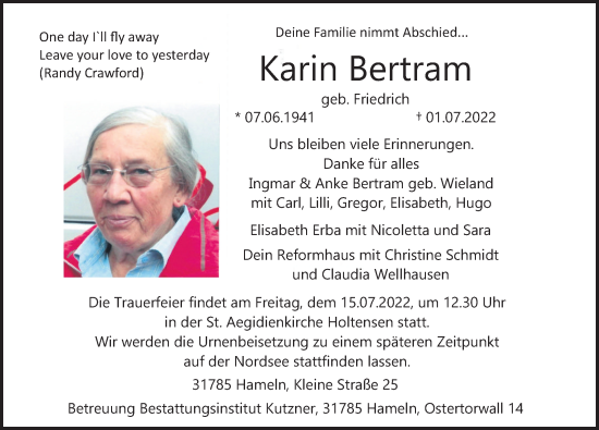 Traueranzeige von Karin Bertram von Deister- und Weserzeitung