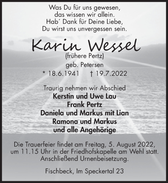 Traueranzeige von Karin Wessel von Deister- und Weserzeitung