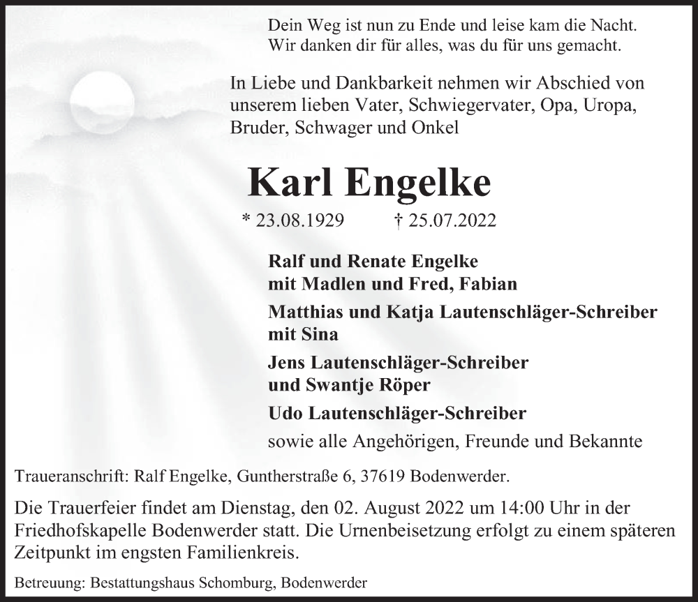 Traueranzeige für Karl Engelke vom 30.07.2022 aus Deister- und Weserzeitung