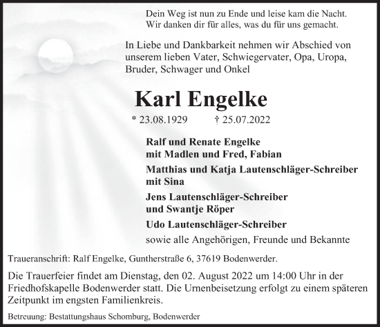 Traueranzeige von Karl Engelke von Deister- und Weserzeitung
