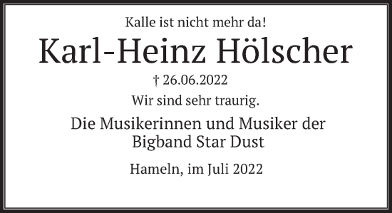 Traueranzeige von Karl-Heinz Hölscher von Deister- und Weserzeitung