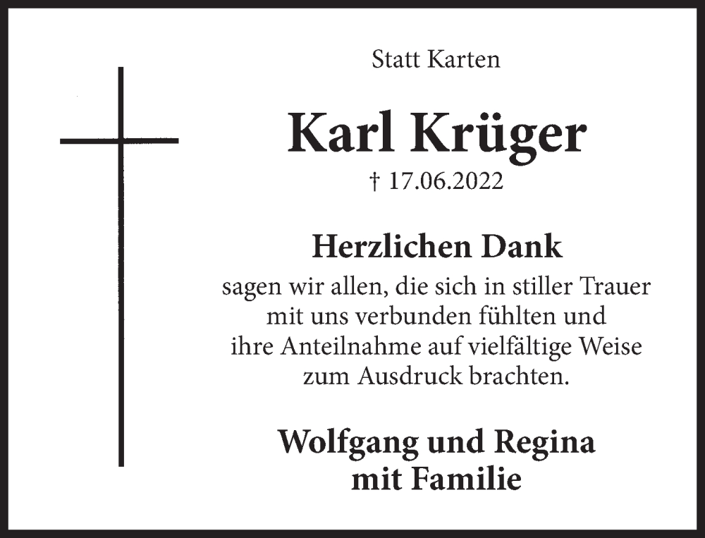  Traueranzeige für Karl Krüger vom 30.07.2022 aus Deister- und Weserzeitung