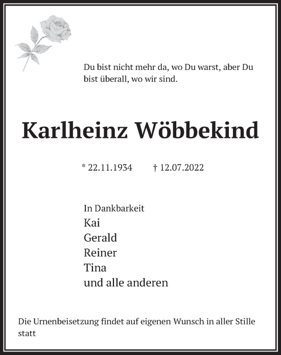 Traueranzeige von Karlheinz Wöbbekind von Deister- und Weserzeitung