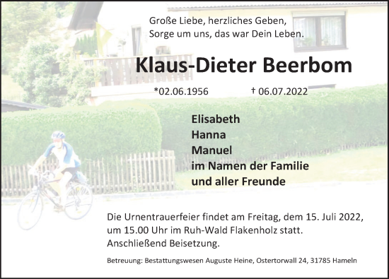 Traueranzeige von Klaus-Dieter Beerbom von Deister- und Weserzeitung