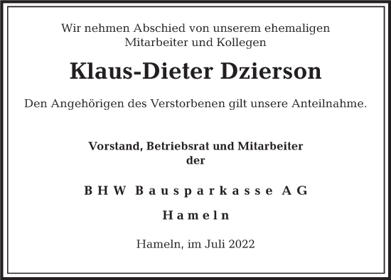 Traueranzeige von Klaus-Dieter Dzierson von Deister- und Weserzeitung