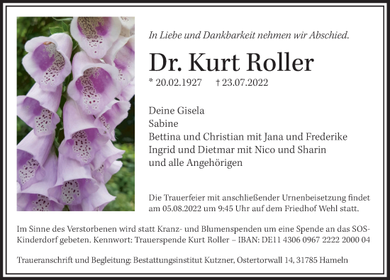 Traueranzeige von Kurt Roller von Deister- und Weserzeitung