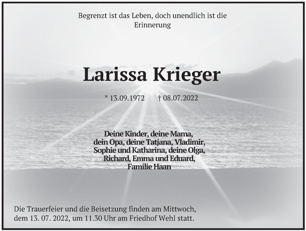  Traueranzeige für Larissa Krieger vom 11.07.2022 aus Deister- und Weserzeitung
