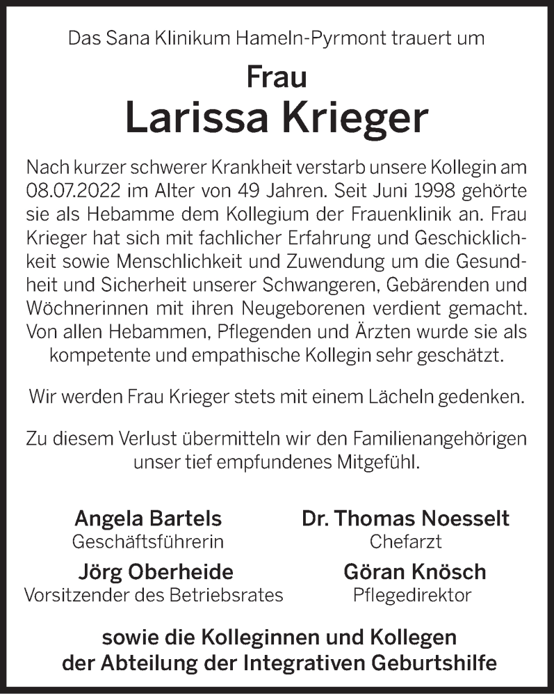  Traueranzeige für Larissa Krieger vom 20.07.2022 aus Deister- und Weserzeitung