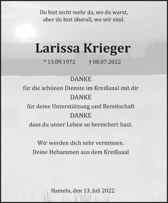 Traueranzeige von Larissa Krieger von Deister- und Weserzeitung