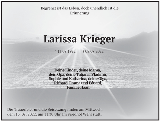 Traueranzeige von Larissa Krieger von Deister- und Weserzeitung