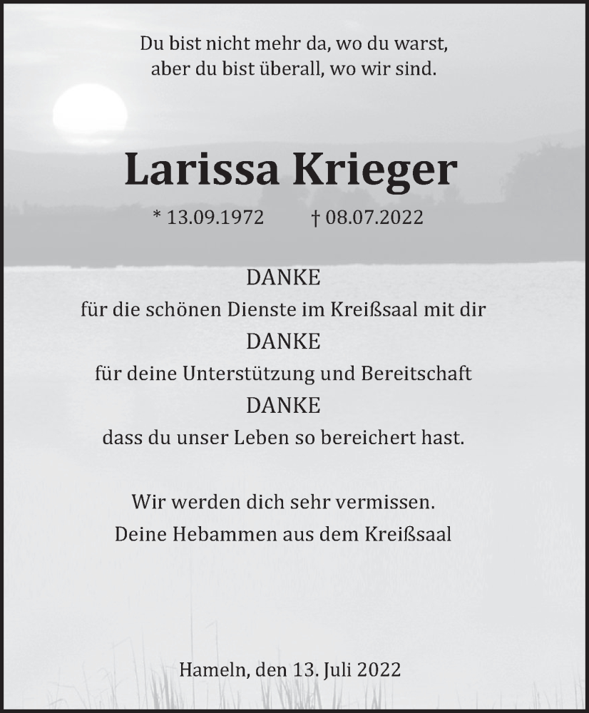  Traueranzeige für Larissa Krieger vom 13.07.2022 aus Deister- und Weserzeitung