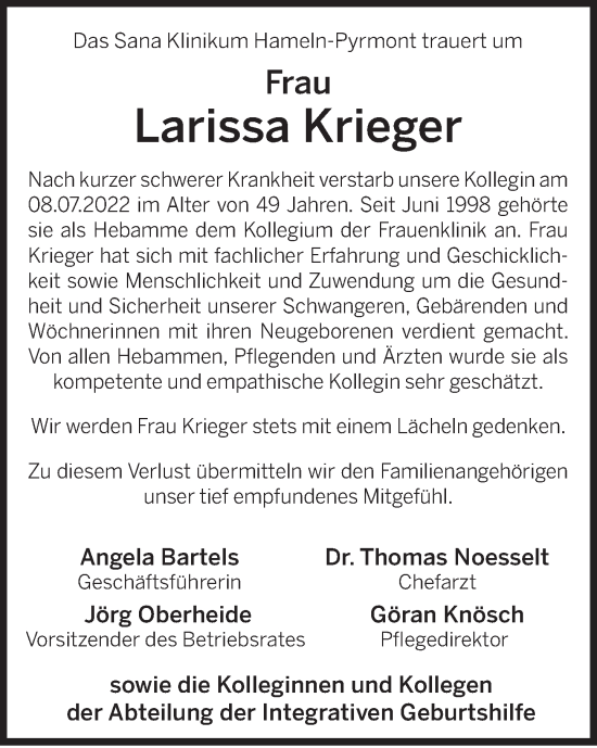 Traueranzeige von Larissa Krieger von Deister- und Weserzeitung