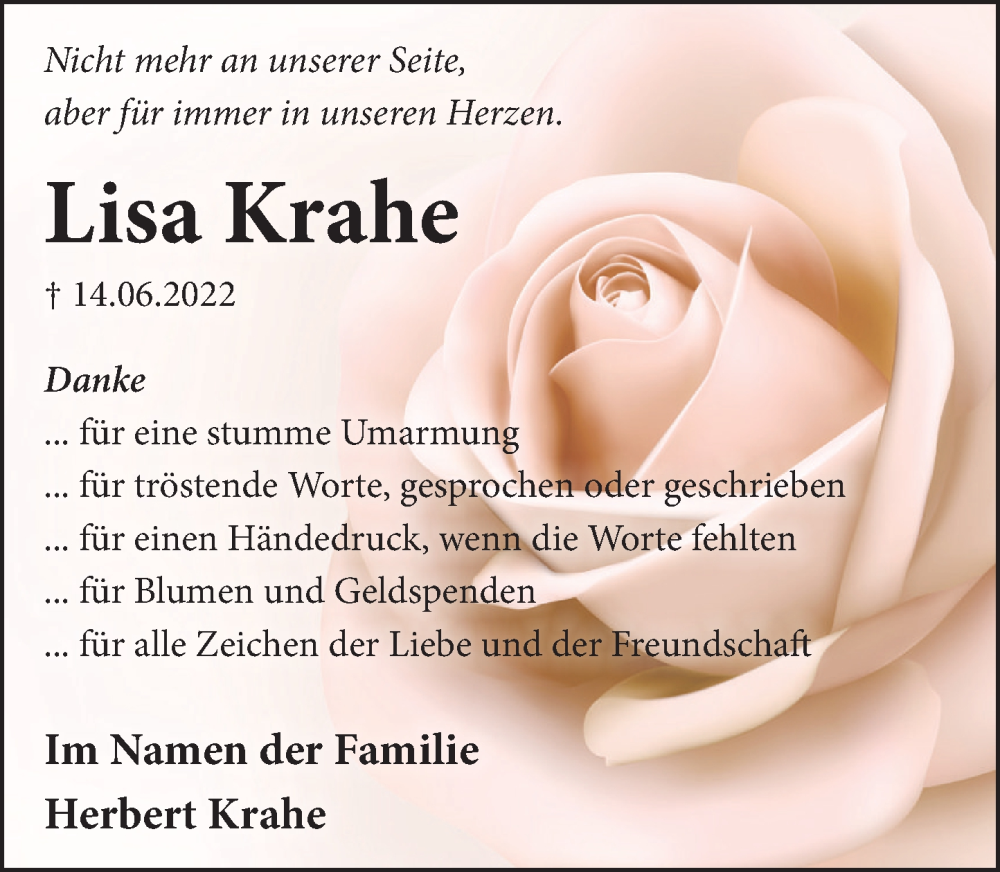  Traueranzeige für Lisa Krahe vom 30.07.2022 aus Neue Deister-Zeitung