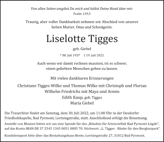 Traueranzeige von Liselotte Tigges von Deister- und Weserzeitung
