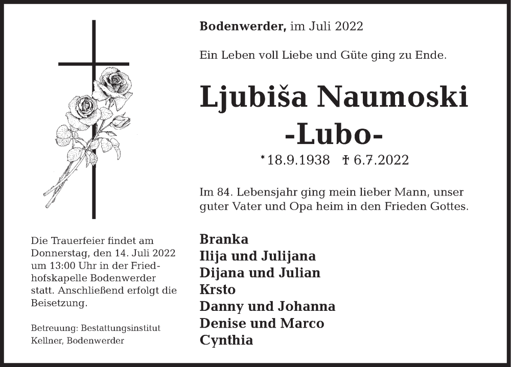  Traueranzeige für Ljubiša Naumoski vom 12.07.2022 aus Deister- und Weserzeitung