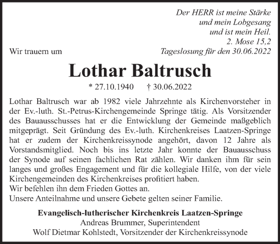 Traueranzeige von Lothar Baltrusch von Neue Deister-Zeitung