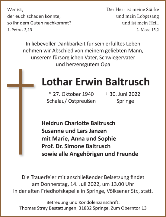 Traueranzeige von Lothar Erwin Baltrusch von Neue Deister-Zeitung
