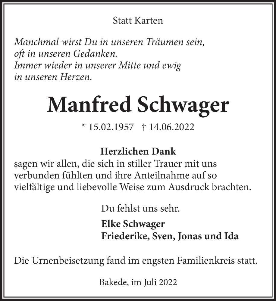  Traueranzeige für Manfred Schwager vom 16.07.2022 aus Neue Deister-Zeitung