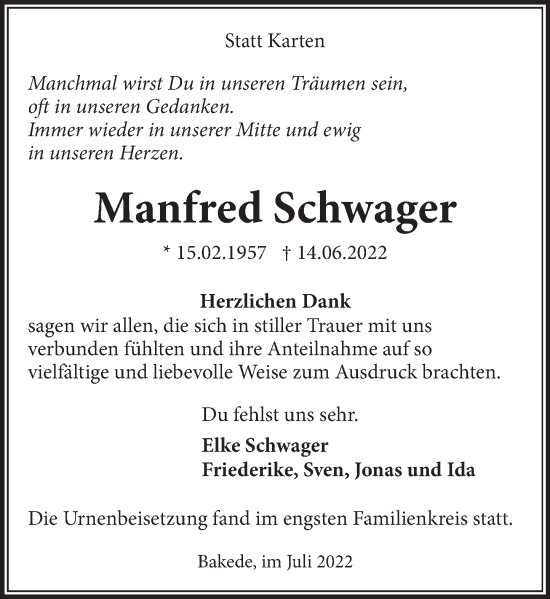 Traueranzeige von Manfred Schwager von Neue Deister-Zeitung