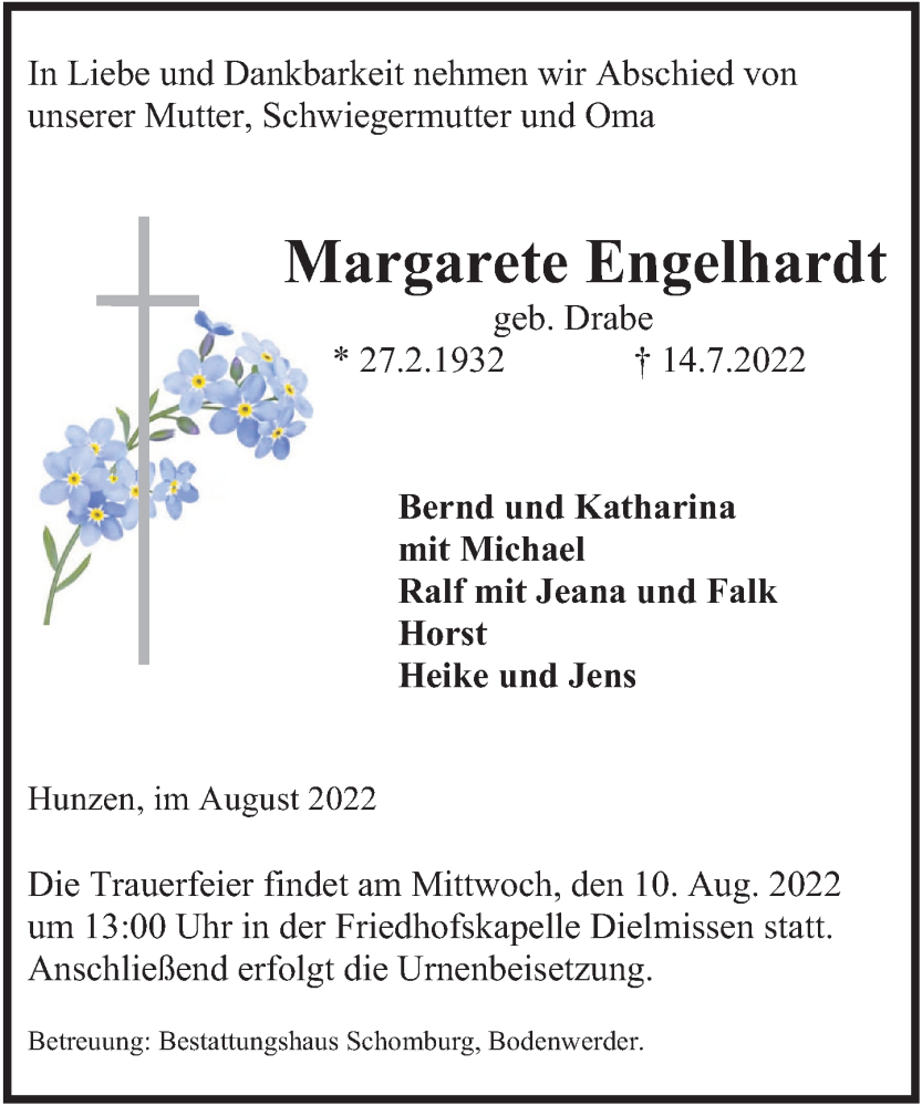  Traueranzeige für Margarete Engelhardt vom 06.08.2022 aus Deister- und Weserzeitung