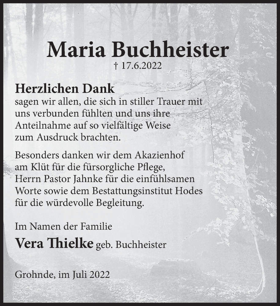  Traueranzeige für Maria Buchheister vom 23.07.2022 aus Deister- und Weserzeitung