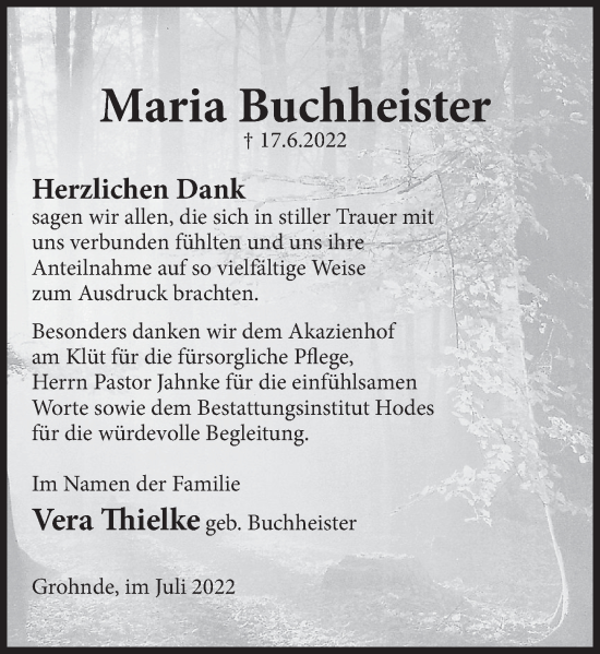 Traueranzeige von Maria Buchheister von Deister- und Weserzeitung