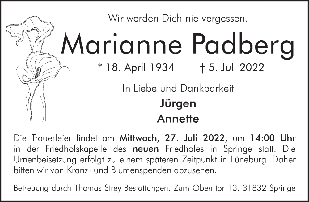  Traueranzeige für Marianne Padberg vom 23.07.2022 aus Neue Deister-Zeitung