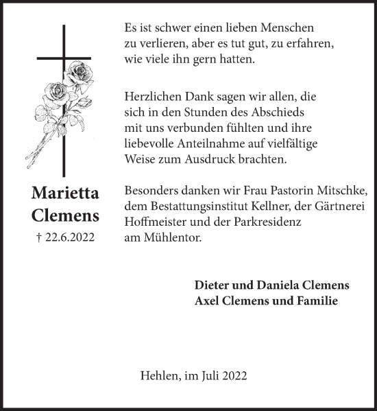 Traueranzeige von Marietta Clemens von Deister- und Weserzeitung