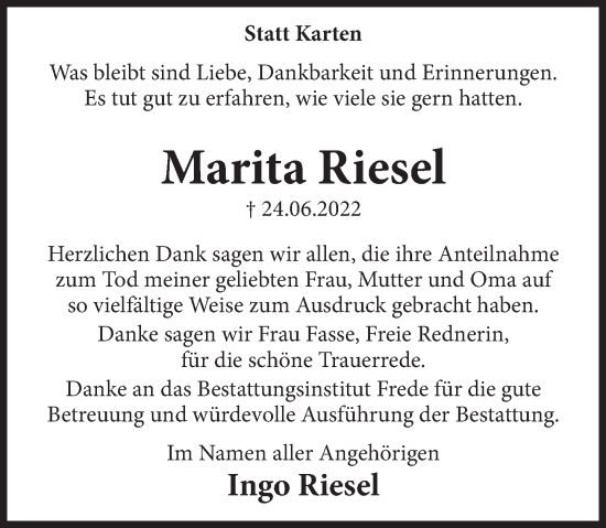 Traueranzeige von Marita Riesel von Deister- und Weserzeitung