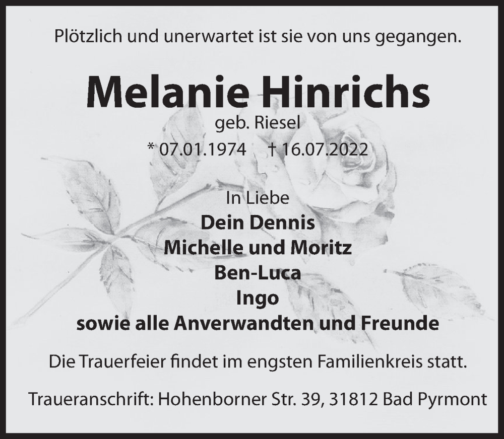  Traueranzeige für Melanie Hinrichs vom 20.07.2022 aus Deister- und Weserzeitung