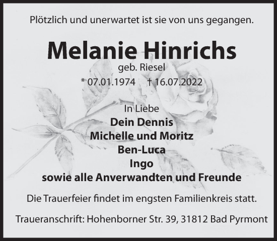 Traueranzeige von Melanie Hinrichs von Deister- und Weserzeitung