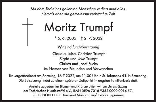 Traueranzeige von Moritz Trumpf von Deister- und Weserzeitung