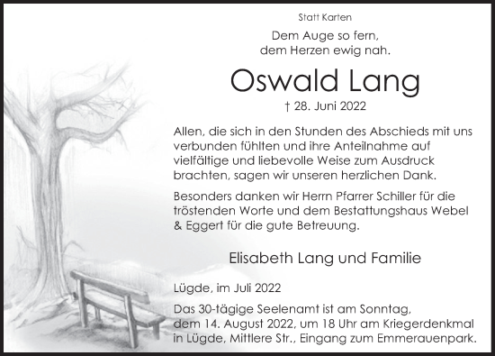 Traueranzeige von Oswald Lang von Deister- und Weserzeitung