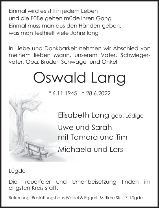Traueranzeige von Oswald Lang von Deister- und Weserzeitung